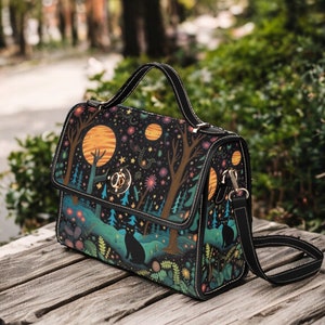 Sac cartable de forêt de fougères de chat noir, sac à main croisé de corps de nature de forêt de champignons de boho cottagecore, sac à main de courroie de cuir d'unité centrale, cadeau de boho de hippies