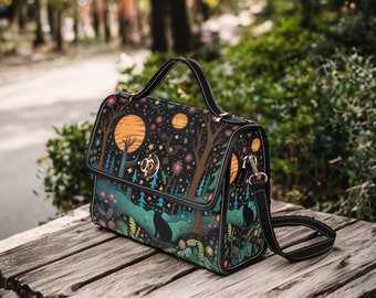 Black Cat Fern Forest Satchel bag, boho cottagecore mushroom forest nature crossed body purse, pu leather strap hand bag, hippies boho gift