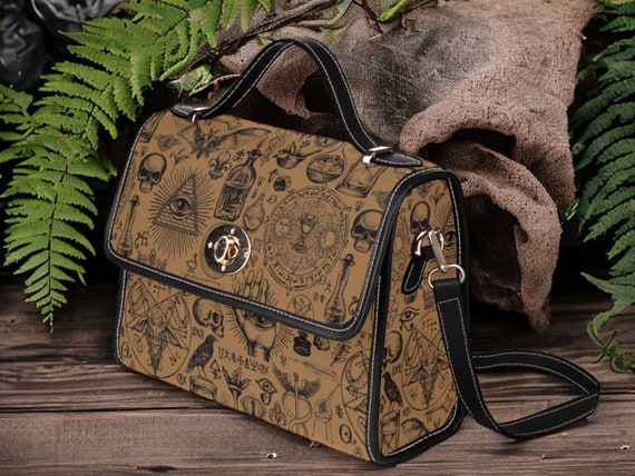 Cottagecore witch Canvas Satchel bag, Cute women witchy Crow crossbody purse, vegan leather strap hand bag goth bag, hippies boho gift