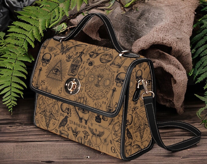 Cottagecore witch Canvas Satchel bag, Cute women witchy Crow crossbody purse, vegan leather strap hand bag goth bag, hippies boho gift