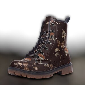 Goblincore Boots, Woodland Mushrooms Combat Boot, Vegan Combat Boots, Witchcore Festival Club Boot, Gothic Mushroom Butterfly Print Boots