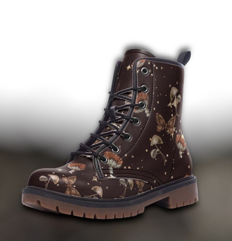 Goblincore Boots, Woodland Mushrooms Combat Boot, Vegan Combat Boots, Witchcore Festival Club Boot, Gothic Mushroom Butterfly Print Boots