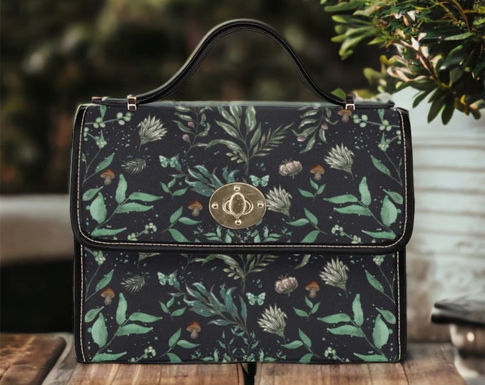 Mystical Witch mini messenger bag, Mushroom Forest Dark academia Black Vegan leather trim handbag, Cottagecore boho purse canvas satchel bag