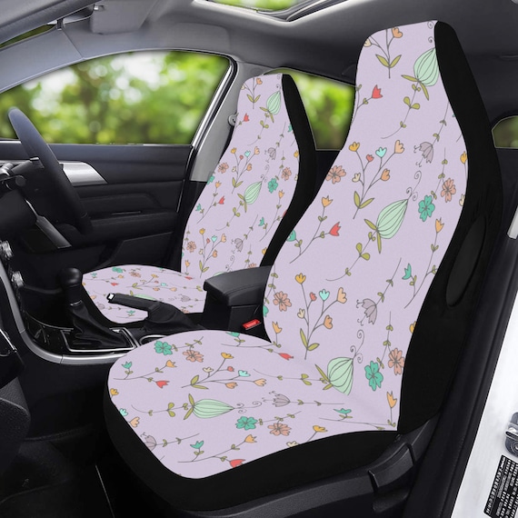 Purple and Blue Cottagecore Boho Car Seat Cover For Women, Universal Fit Cute Colorful Floral Front Bucket Seat Cover For Car Vehicle Gift