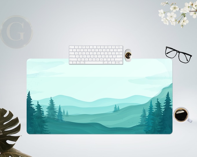 Forest Mountains Landscape Green Desk Mat, Extra Large Desk Mat, Large Gaming Mouse Pad, Extended Mouse Pad, Gaming Keyboard Mat