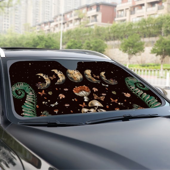 Witchy Moon phases Mushroom Car sunshade for windshield, cute witch Window Sun Blocker, amanita mushroom car accessories Auto Decor Screen