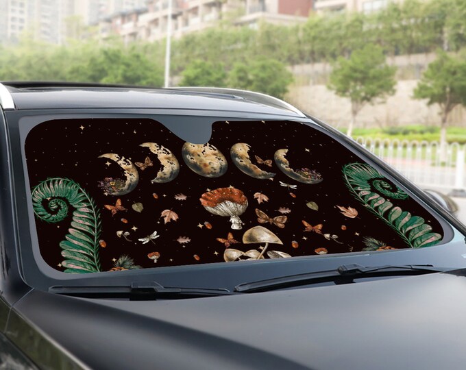 Witchy Moon phases Mushroom Car sunshade for windshield, cute witch Window Sun Blocker, amanita mushroom car accessories Auto Decor Screen