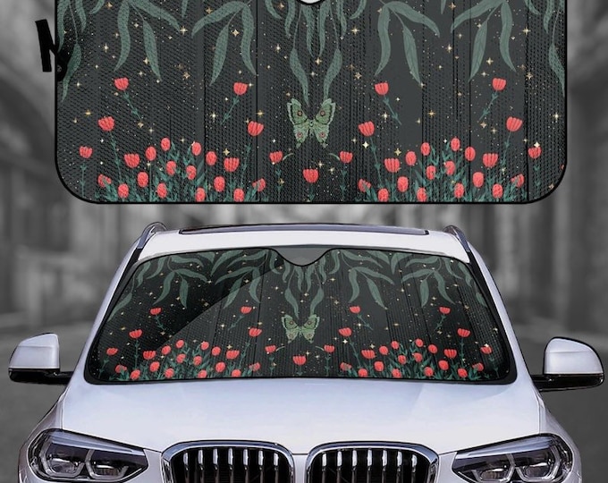 Starry Forest Car sunshade for windshield, cottagecore moth green Window Sun Blocker celestial car accessories Auto Decor Screen
