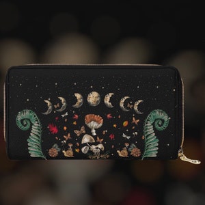 Cartera negra con forma de hongo mágico con fases lunares, bonita cartera de bruja, bonita cartera gótica para mujer, organizador de carteras, cartera gótica, cartera con forma de hongo Cottagecore