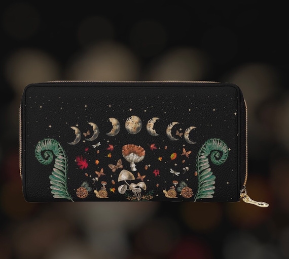 Moon Phases Magic mushroom black wallet, Cute Witchy wallet, Cute goth women Wallet organizer wallet goth purse, Cottagecore mushroom wallet