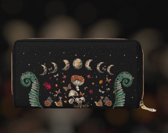 Moon Phases Magic mushroom black wallet, Cute Witchy wallet, Cute goth women Wallet organizer wallet goth purse, Cottagecore mushroom wallet