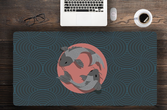 Minimal Style Japanese Koi Harmony Desk Mat, Japanese Desk Mat with Hemmed Edge Options, Multiple sizes available, Free shipping desk mats