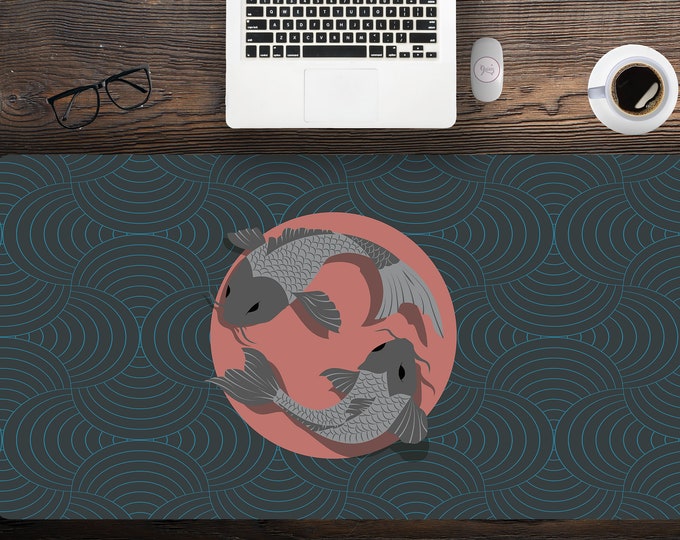 Minimal Style Japanese Koi Harmony Desk Mat, Japanese Desk Mat with Hemmed Edge Options, Multiple sizes available, Free shipping desk mats