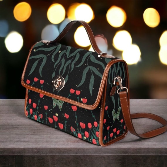 Cottagecore moth Forest Canvas Satchel bag, women Witchy red floral mushroom crossbody purse, Vegan leather Goth handbag, hippies boho gift