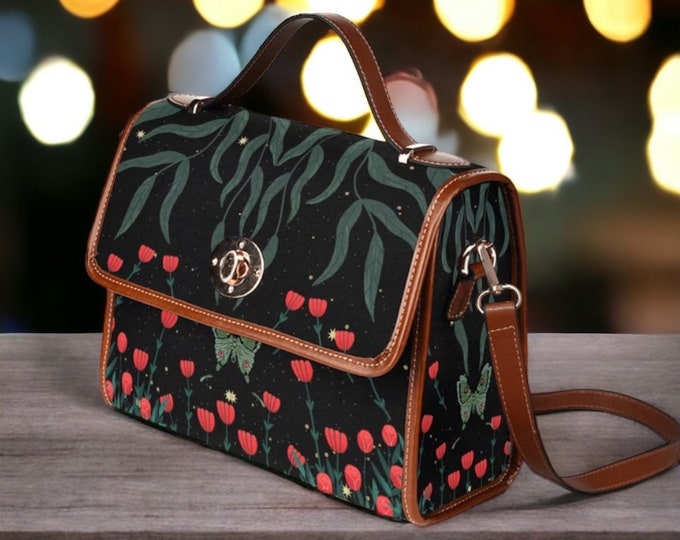 Cottagecore moth Forest Canvas Satchel bag, women Witchy red floral mushroom crossbody purse, Vegan leather Goth handbag, hippies boho gift