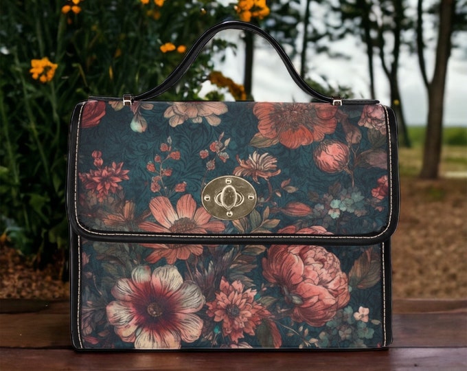 Cottagecore Peony Witchy boho satchel bag, Art nouveau Dark academia Black Vegan leather trim handbag, Boho Cute womens purse satchel bag