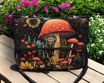 Cottagecore witch Canvas Celestial Mushroom Satchel bag, mushroom crossed body purse, cute leather strap hand bag goth bag hippies boho gift