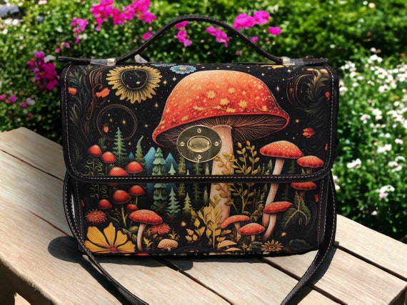 Cottagecore witch Canvas Celestial Mushroom Satchel bag, mushroom crossed body purse, cute leather strap hand bag goth bag hippies boho gift