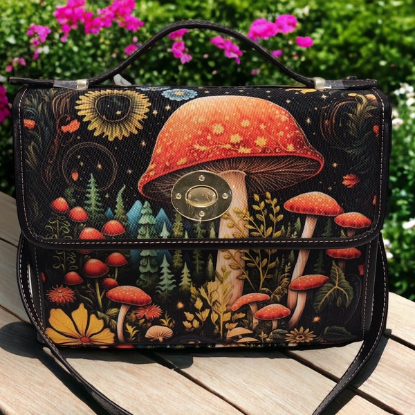 Cottagecore witch Canvas Celestial Mushroom Satchel bag, mushroom crossed body purse, cute leather strap hand bag goth bag hippies boho gift
