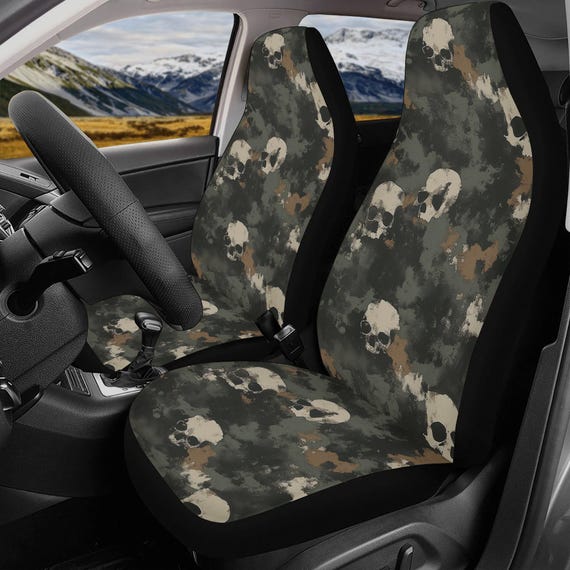 Skulls in Military Camouflage Green Car Seat Cover, Green nature Front back seat cover, Car headrest interior decor, car accessories gift