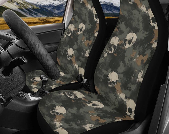 Skulls in Military Camouflage Green Car Seat Cover, Green nature Front back seat cover, Car headrest interior decor, car accessories gift