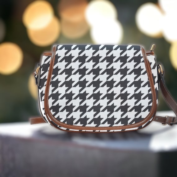 Boho houndstooth Vegan leather white saddle bag, boho crossed body cute PU leather hand bag, white bag, Mother’s Day gift handbag