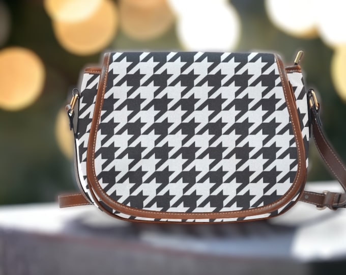 Boho houndstooth Vegan leather white saddle bag, boho crossed body cute PU leather hand bag, white bag, Mother’s Day gift handbag
