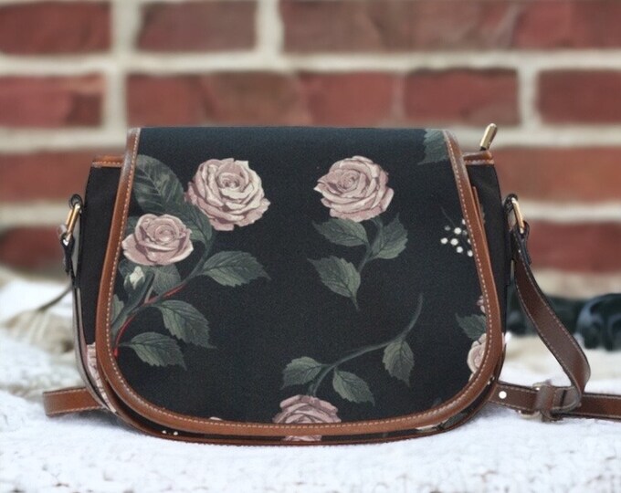 Cottagecore Black Rose Witchy Vegan leather saddle bag, Witchy Rose crossed body purse women, black rose bag, hippies boho gift