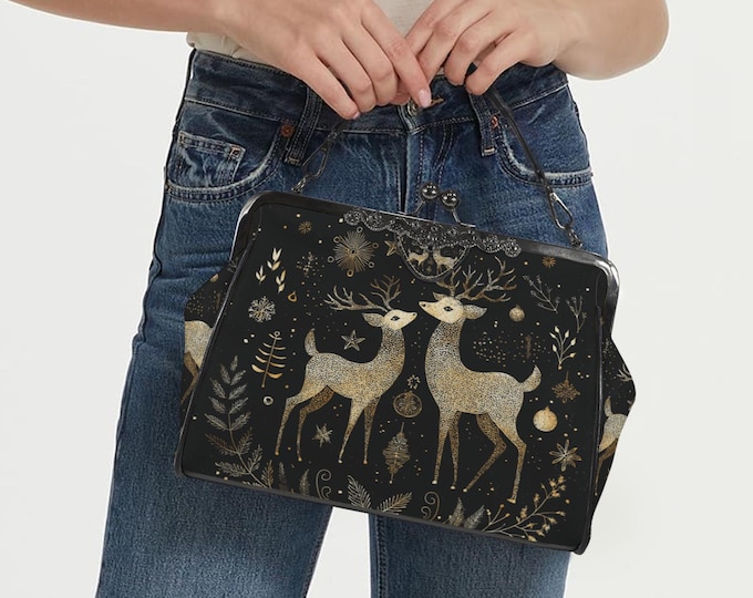 Fairy Deers Boho Kisslock Bag - Vegan Leather Christmas Kisslock Purse, Witchy Crossed body Mushroom purse, goth bag, hippies boho gift