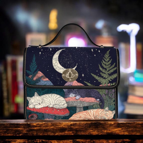 Sleeping Cats Mushroom Canvas Satchel bag, Boho cottagecore forest women purse, cute vegan leather strap hand bag boho bag, hippie boho gift