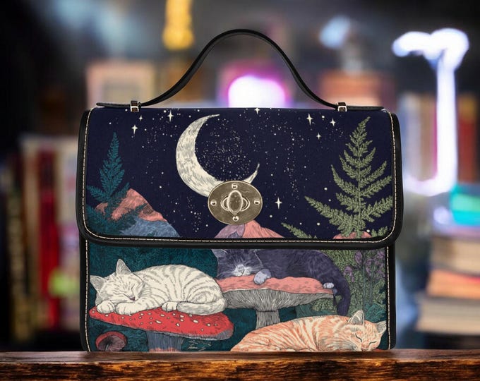Sleeping Cats Mushroom Canvas Satchel bag, Boho cottagecore forest women purse, cute vegan leather strap hand bag boho bag, hippie boho gift