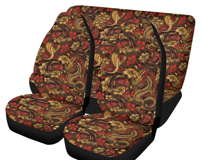 Japanese Dragon Car Seat Covers, Red Snake Koi Fish Japanese Seat Covers for vehicle, Cute car interior decor, cute car accessories gift