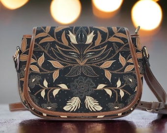 Zwarte Vintage Floral Witch Crossbody Tas, Wiccan Floral Bag, Schoudertas, Boho hippies cadeau zadeltas, crossbody schoudertas, heksentas