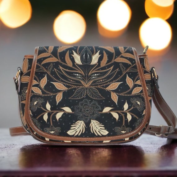 Black Vintage Floral Witch Crossbody Bag, Wiccan Floral Bag, Shoulder Bag, Boho hippies gift saddle bag, crossbody shoulder bag, witchy bag