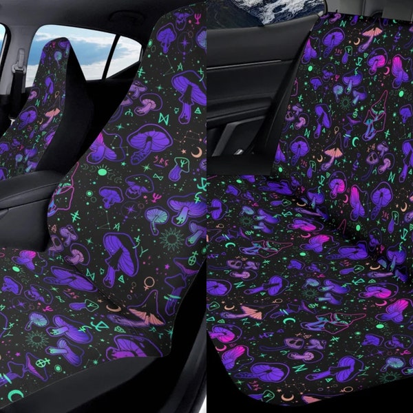 Magic Mushroom World Car Seat Cover For Women, Cottagecore Cute Purple Mushroom Front Bucket Seat Cover For Car Vehicle, Nature seat cover