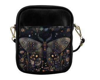 Bolso bandolera Boho Celestial Butterfly, bolso bandolera de piel Cottagecore, bolso bandolera con motivos naturales, bolso bandolera con motivos de mariposas y flores silvestres, estilo hippie bohemio