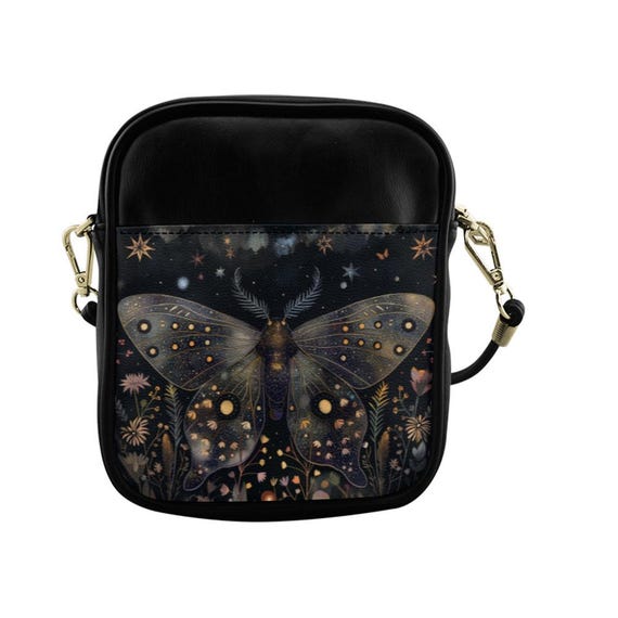 Boho Celestial Butterfly Sling Bag, Cottagecore Leather Crossbody Bag, Shoulder Nature Purse, Butterfly Wildflowers Sling bag Boho hippies