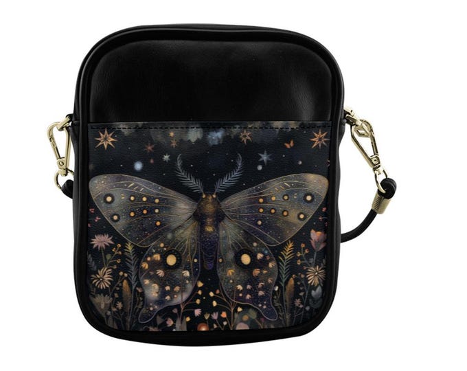 Boho Celestial Butterfly Sling Bag, Cottagecore Leather Crossbody Bag, Shoulder Nature Purse, Butterfly Wildflowers Sling bag Boho hippies