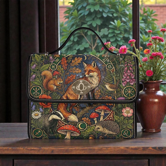 Cottagecore Woodland Canvas Satchel bag, Cute women nature crossed body purse, cute vegan leather strap hand bag, hippie boho gift christmas