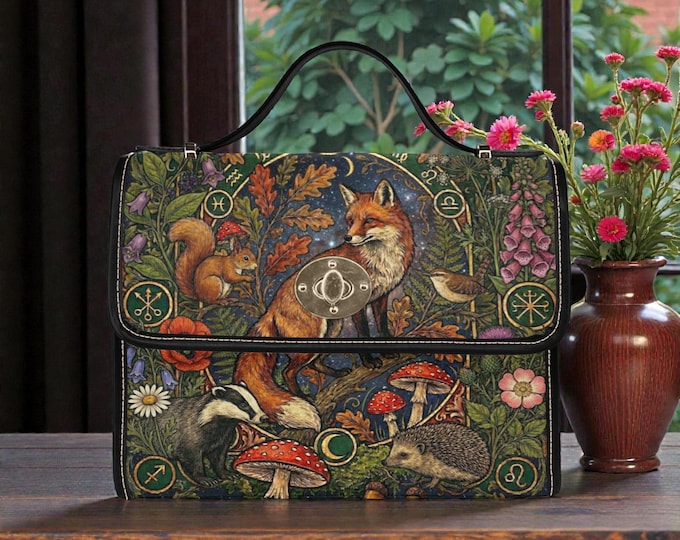 Cottagecore Woodland Canvas Satchel bag, Cute women nature crossed body purse, cute vegan leather strap hand bag, hippie boho gift christmas