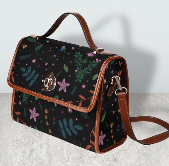 Cottagecore witch Canvas Satchel bag, Cute women wildflowers crossbody purse, cute vegan leather strap hand bag goth bag, hippies boho gift