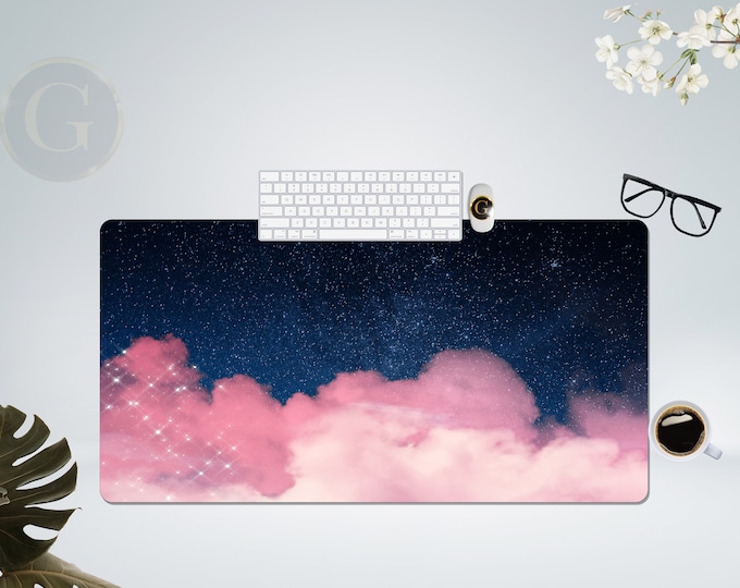 Pink Clouds on Black Starry Sky Extra Large Desk Mat with Multiple Size Options, Home Office Desk Decor, Gift For Coworker, Extended Mat