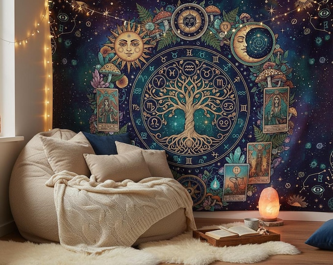 Mystic sun with Tree of Life, Cottagecore Mushroom Tapestry, Tarot Celestial Wall Tapestry, Boho Hippies Gift, Cottagecore Witch Tapestry