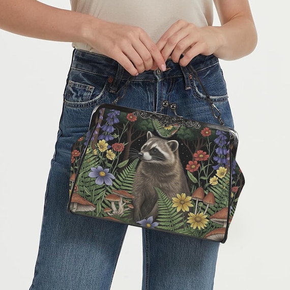 Raccoon Kiss Lock Purse, Boho Vegan Leather Handbag, Cottagecore Witch Kisslock Bag, Top Handle Kisslock Bag, Crossed body pu leather bag