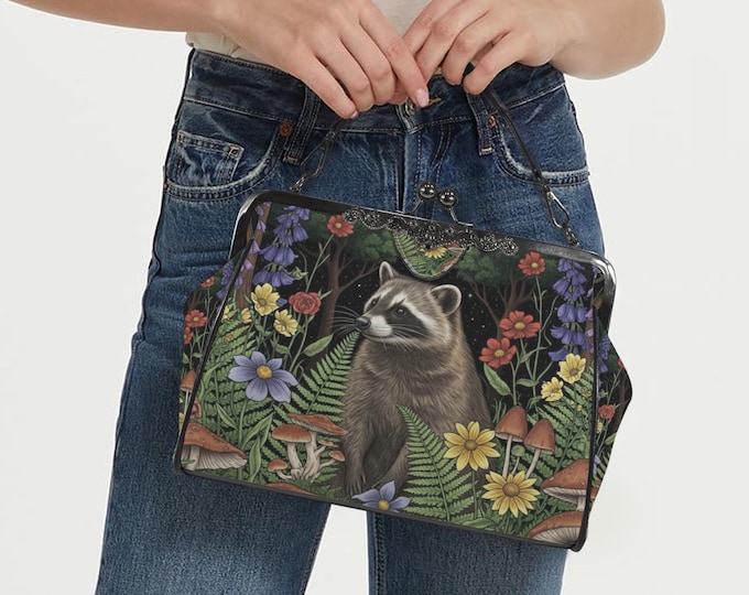 Raccoon Kiss Lock Purse, Boho Vegan Leather Handbag, Cottagecore Witch Kisslock Bag, Top Handle Kisslock Bag, Crossed body pu leather bag