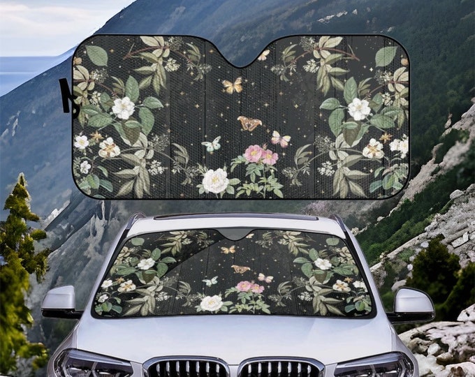 Cute Botanical Car sunshade for windshield, cottagecore witchy black Window Sun Blocker butterflies car accessories Auto Decor Screen