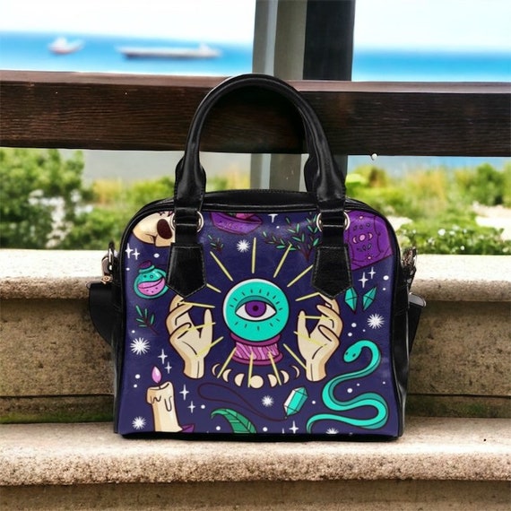 Kawaii Goth Mystical Eye witchy bowler hand bag, Cute witchcraft Magic elements PU Vegan leather shoulder bag with strap, Pastel goth purse
