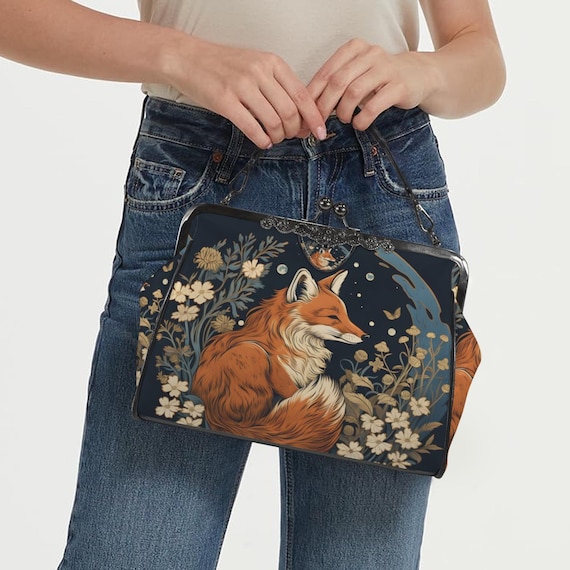 Retro Fox Boho Kisslock Bag - Vegan Leather Christmas Kisslock Purse, Witchy Crossed body Mushroom purse, goth bag, hippies boho gift