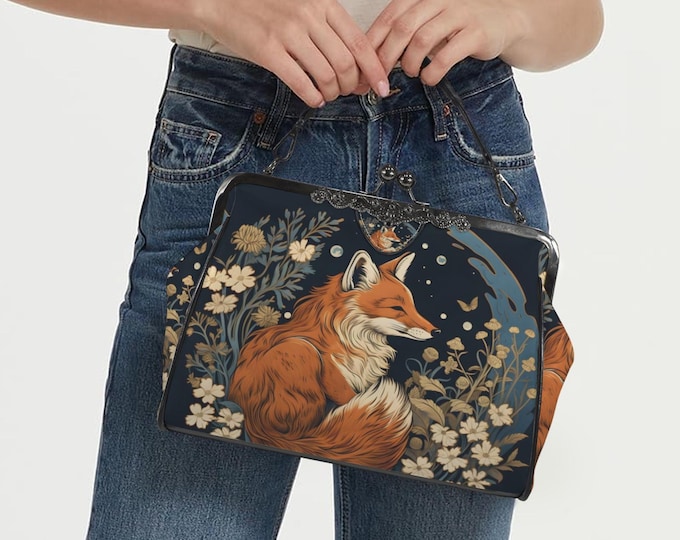 Retro Fox Boho Kisslock Bag - Vegan Leather Christmas Kisslock Purse, Witchy Crossed body Mushroom purse, goth bag, hippies boho gift