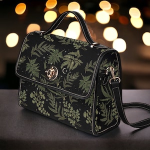 Bolso Boho Fern forest Black Canvas Satchel, bolso bandolera verde Moon, linda correa de cuero vegano Dark Cottagecore bolso con correa ajustable Black